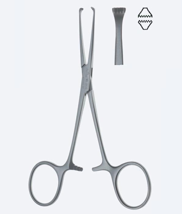 Зажими, хірургічні, "Baby-Allis", для захоплення кишечника і тканин, прямі, зубчасті, зубці 4 х 5, довжина 135 мм. Бренд - Asanus Medizintechnik Gmb, Німеччина